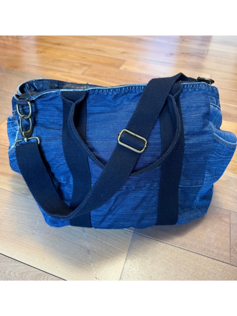 Large Denim Tote Bag With Leather Trim Crossbody Strap Casual Jean Purse